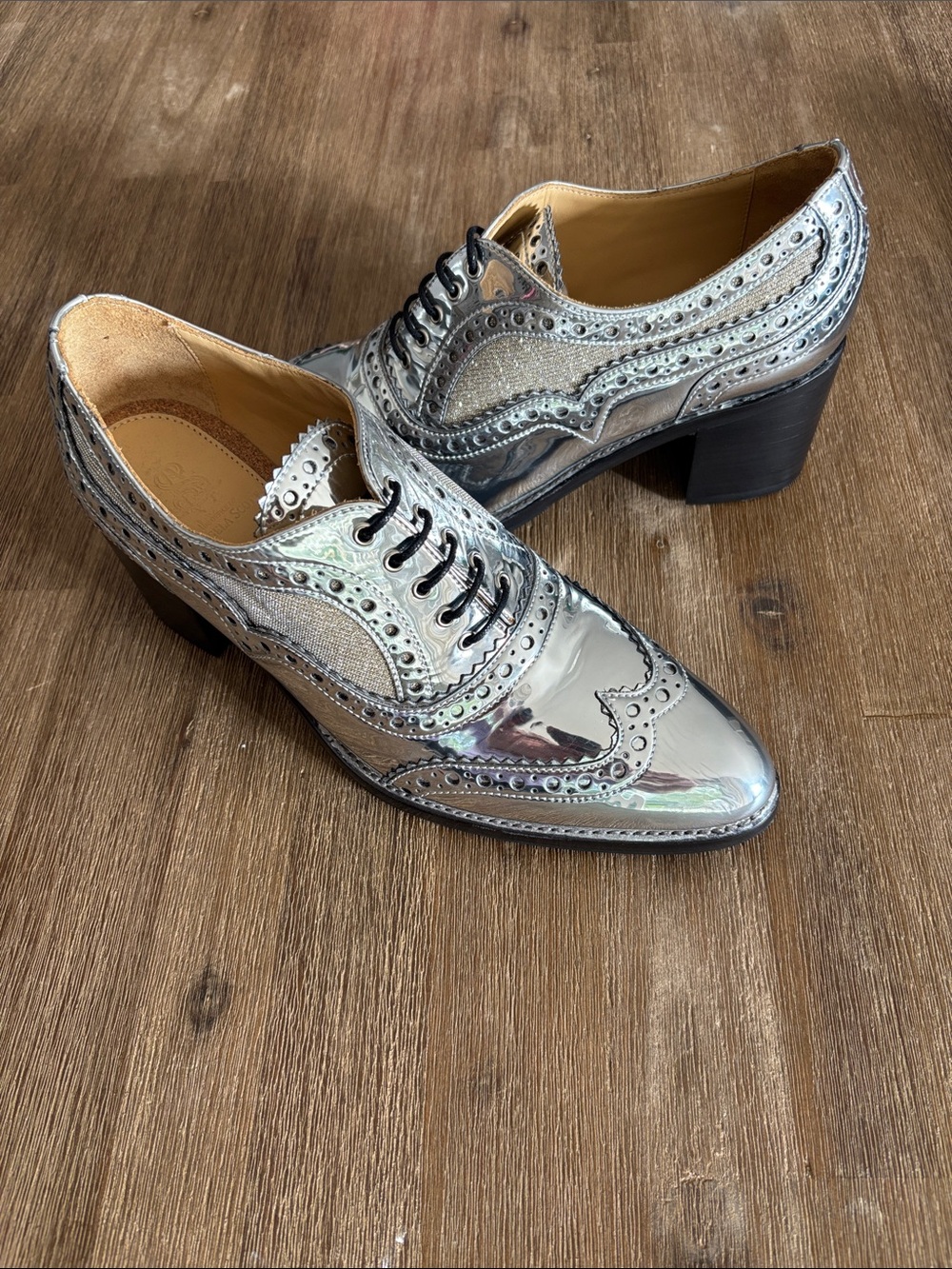 The Office of Angela Scott TOAS Mrs. Doubt Silver Metallic Heeled Oxfords 40